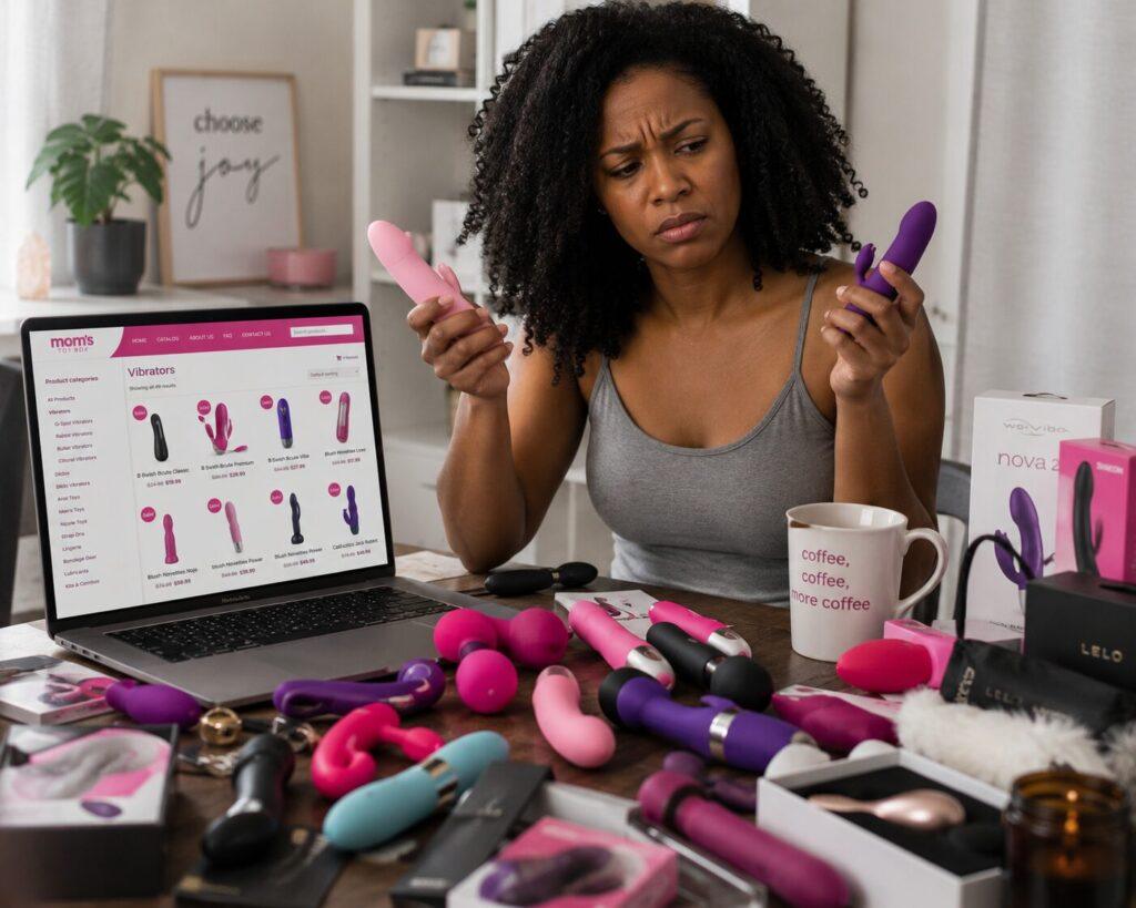 a7db0174-5beb-419b-b3be-8138d7396ded A woman looks over an overwhelming number of sex toys, trying to decide which to buy as her first sex toy.